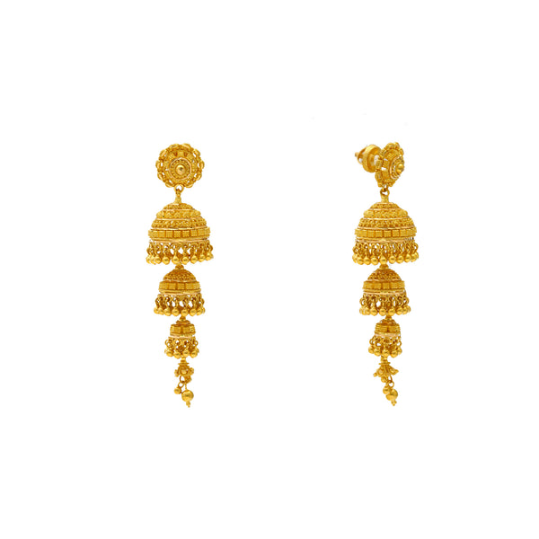 22K Yellow Gold Layered Jhumki Earrings (18.7gm) | 



Elevate your ensemble with this elegant pair 22k yellow gold Jhumki earrings by Virani Jewele...
