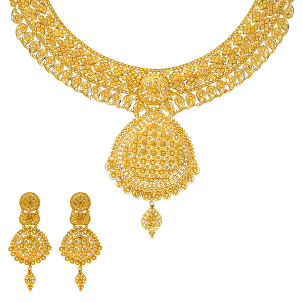 22K Yellow Gold Filigree Necklace Set (65.7gm) | 



Make a statement of refined taste with this stunning 22k gold necklace and earring set by Vir...