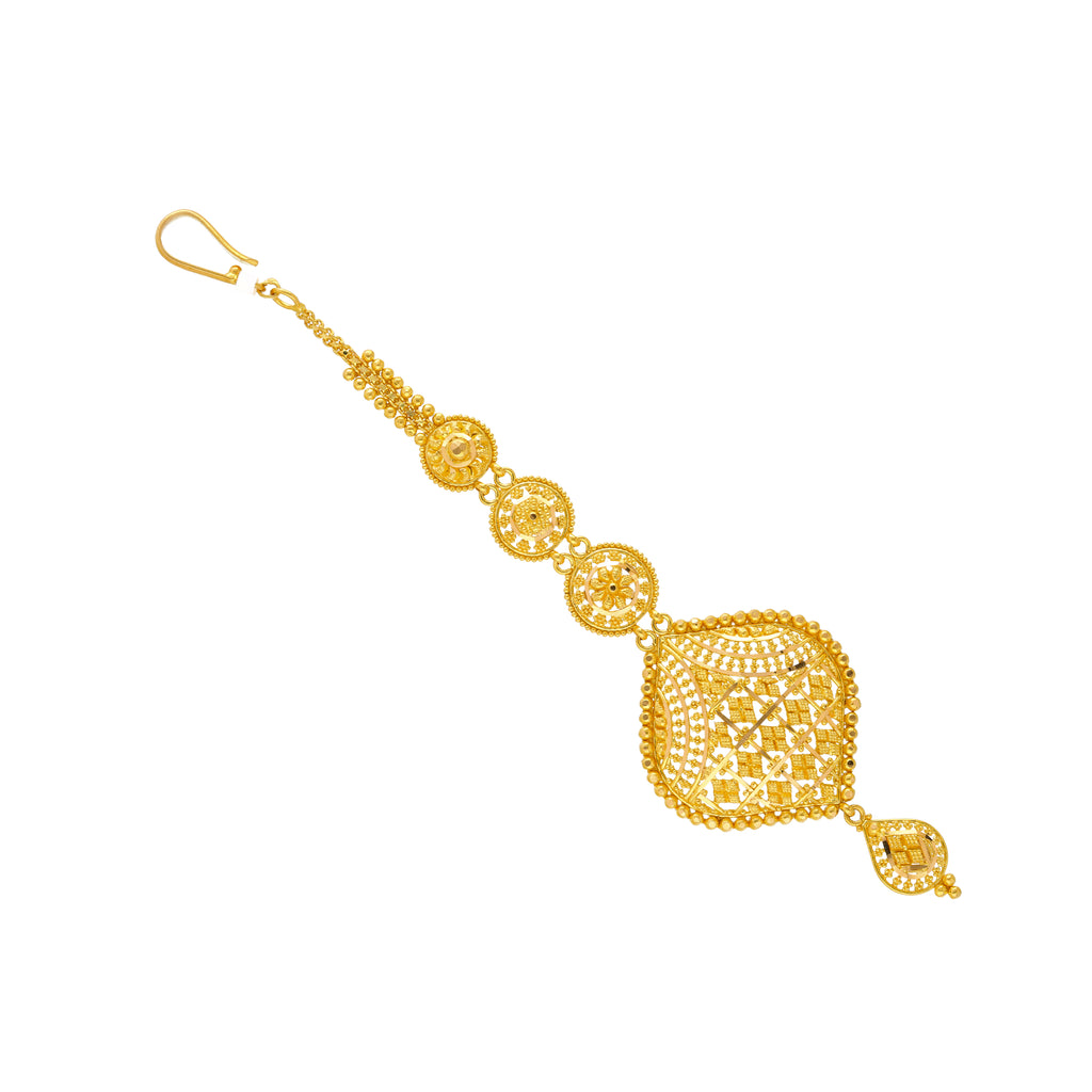 22K Yellow Gold Beaded Filigree Tikka (10.7gm) | 



Enhance your traditional attire with this stunning 22k gold tikka by Virani Jewelers. Meticul...