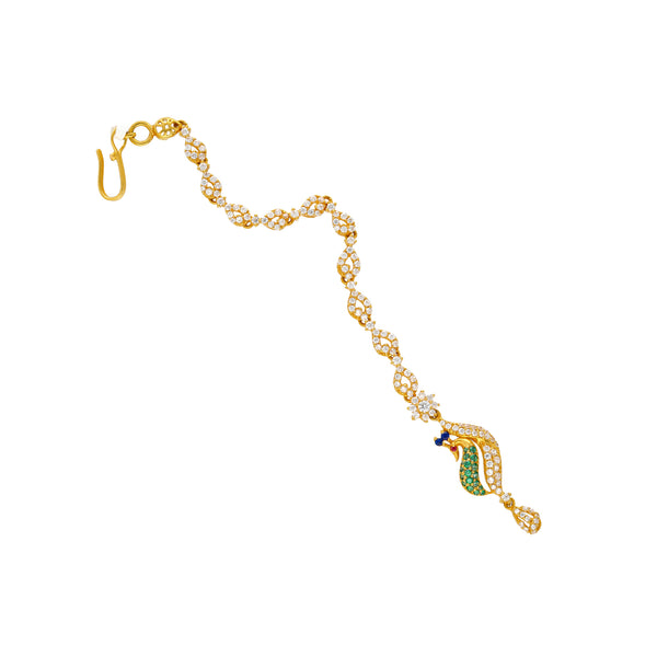 22K Yellow Gold, CZ & Emerald Peacock Tikka (8gm) | 



Make a bold statement with this stunning 22k yellow gold peacock tikka by Virani Jewelers. Cr...