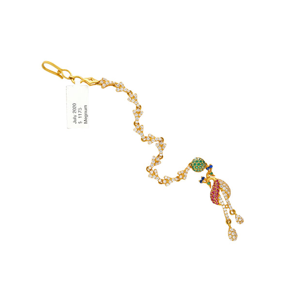22K Yellow Gold, CZ, Emerald & Ruby Peacock Tikka (9.5gm) | 



Add a touch of sophistication to your look with this elegant 22k yellow gold and gemstone tik...