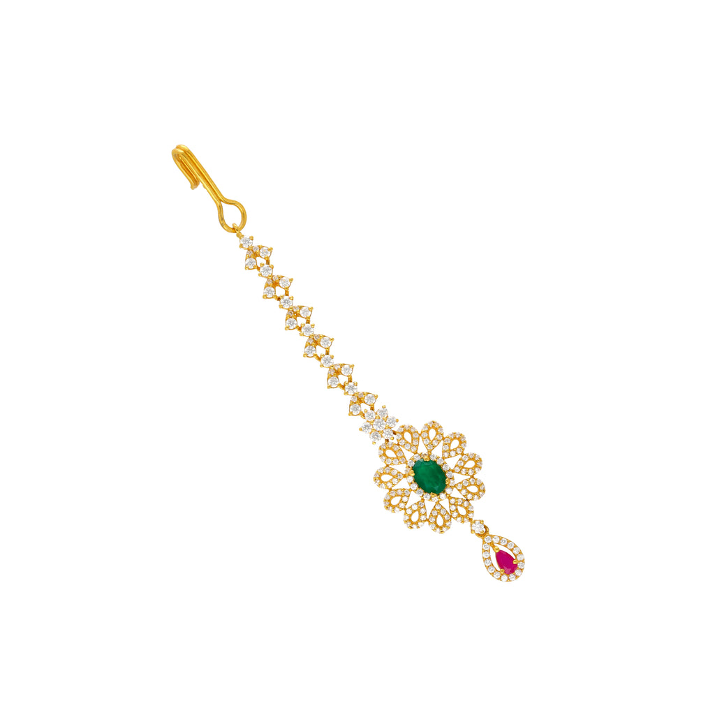 22K Yellow Gold, CZ, Emerald & Ruby Tikka (9.5gm) | 



Elevate your ensemble with the timeless elegance of this 22k gold and gemstone tikka by Viran...