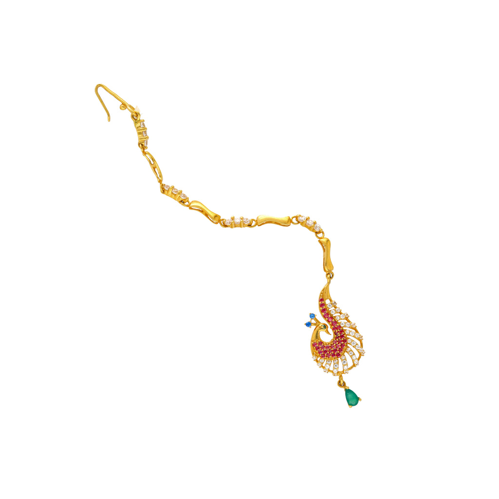 22K Yellow Gold, CZ, Emerald & Ruby Peacock Tikka (6.5gm) | 



Add a touch of glamour to your attire with this 22k gold and gemstone peacock shaped tikkas b...