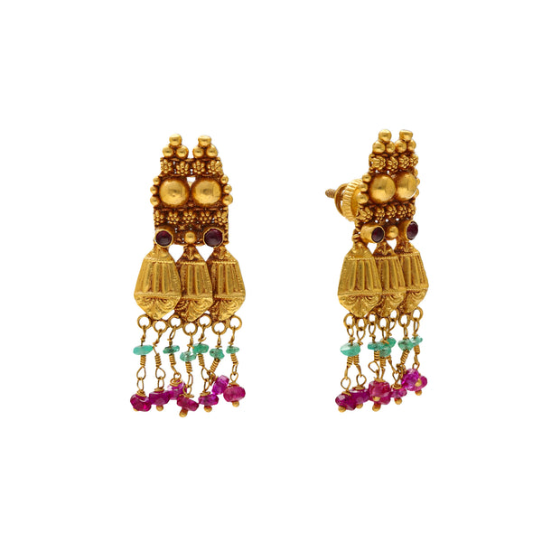 22K Yellow Gold, Emerald & Ruby Earrings (8.7gm) | 


Immerse yourself in the world of splendor with these 22k gold and gemstone earrings.   Crafted...