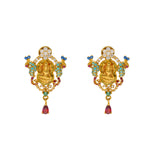 22K Yellow Gold Temple Earrings w/ CZ, Emerald, & Ruby (8.7gm) | 


Elevate your ensemble with the regal charm of this stunning pair of 22k gold earrings by Viran...