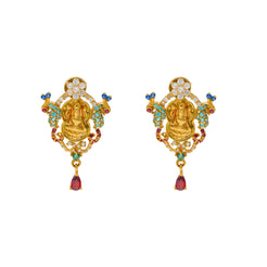 22K Yellow Gold Temple Earrings w/ CZ, Emerald, & Ruby (8.7gm)