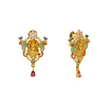 22K Yellow Gold Temple Earrings w/ CZ, Emerald, & Ruby (8.7gm) | 


Elevate your ensemble with the regal charm of this stunning pair of 22k gold earrings by Viran...