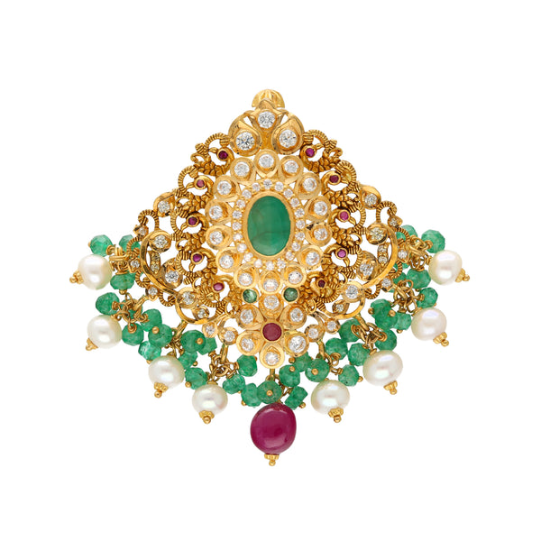 22K Yellow Gold Pendant w/ Emeralds, Rubies, CZ & Pearls (17.5gm) | 




Unveil the allure of Indian craftsmanship with this enchanting 22k gold pendant by Virani Je...