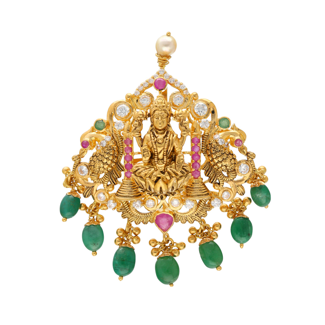 22K Yellow Gold Laxmi Pendant w Emeralds Rubies CZ 20.5gm Virani Jewelers