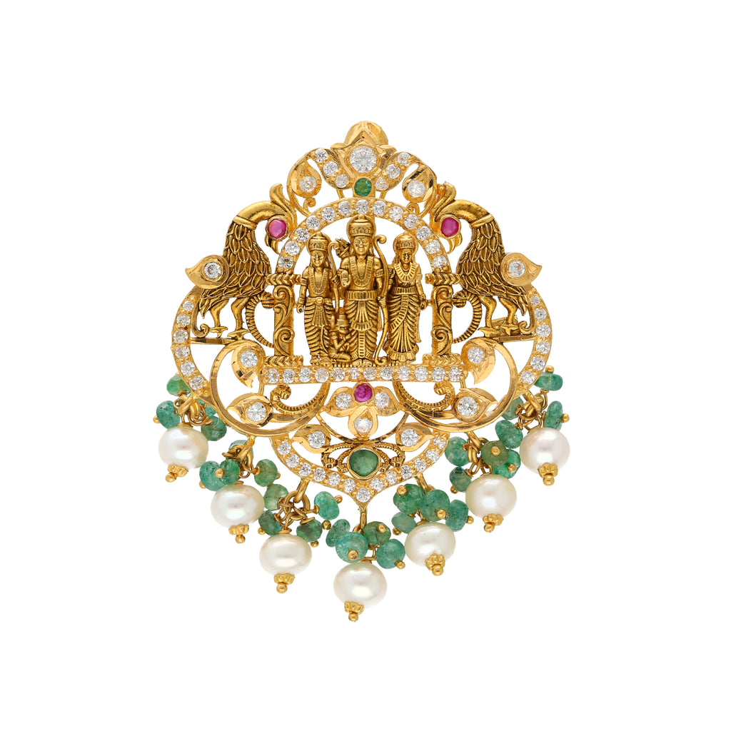 22K Yellow Gold Ram Parivar Pendant w/ Emeralds, Rubies, CZ & Pearls (16.4gm) | 




Discover the magnificence of Indian heritage with this captivating 22k gold Ramparivar penda...