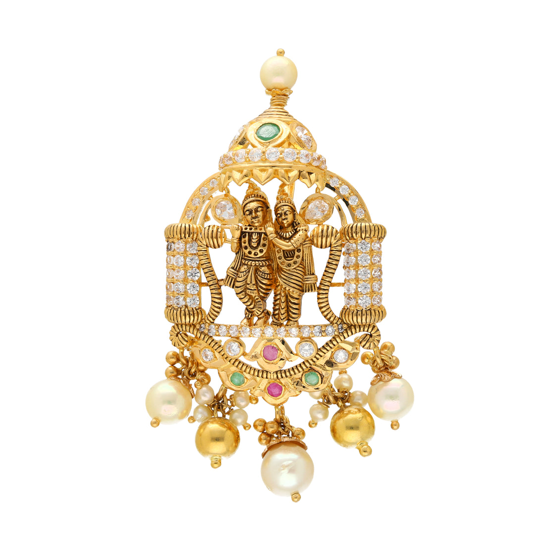 22K Yellow Gold Krishna Pendant w Emeralds Rubies CZ Pearls 18.2gm