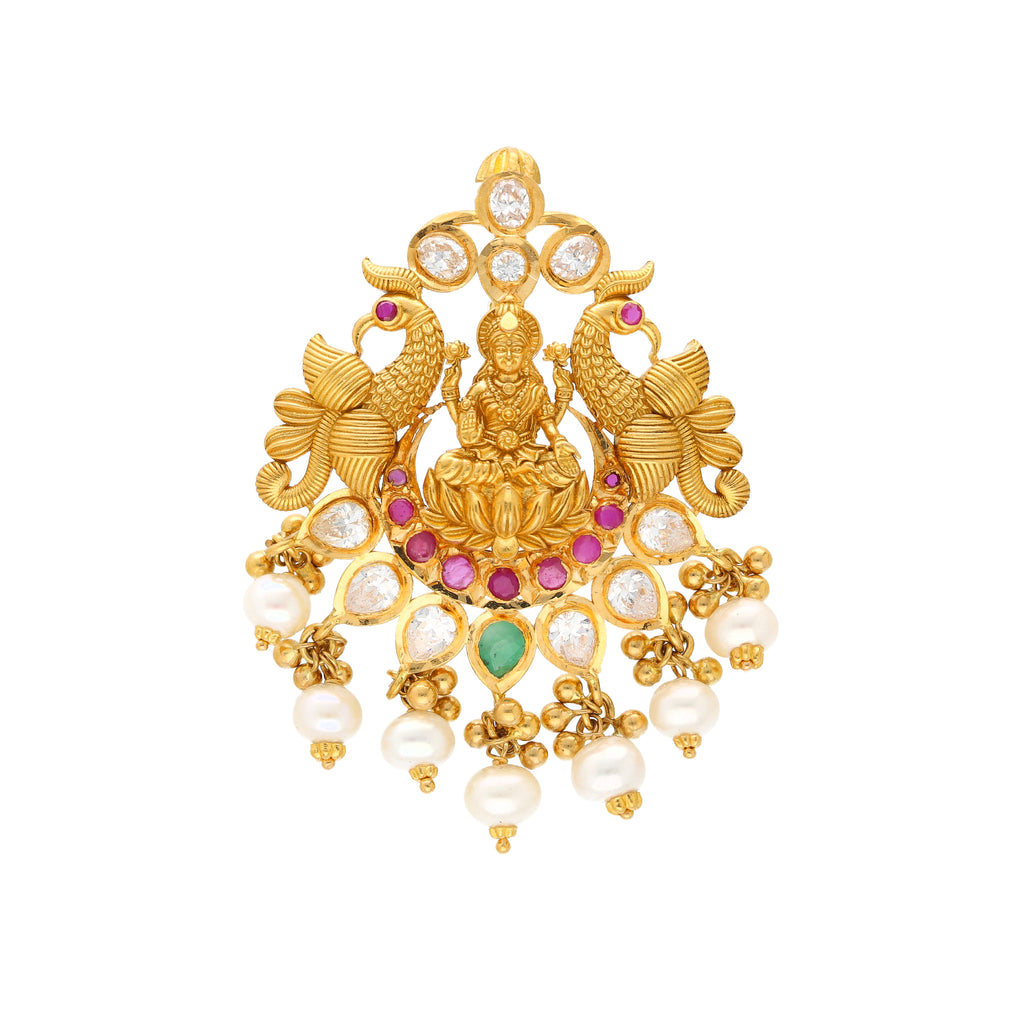 22K Yellow Gold Laxmi Pendant w/ Emeralds, Rubies, CZ & Pearls (14.5gm) | 




Embrace the beauty of cultural heritage with this stunning 22k gold Laxmi pendant by Virani ...