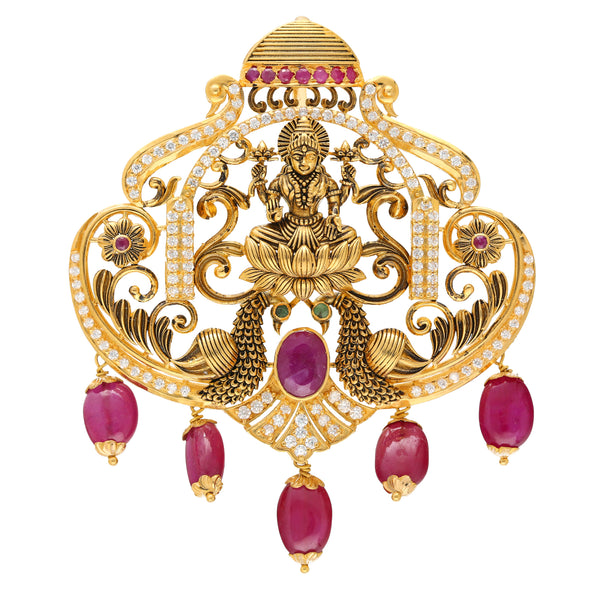 22K Yellow Gold Laxmi Pendant w/ Emeralds, Rubies & CZ (29.4gm) | 




Let the elegant charm of this 22k gold and gemstone Goddess Laxmi pendant by Virani Jewelers...