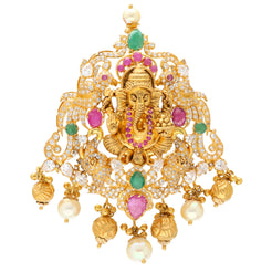 22K Yellow Gold Ganesh Pendant w/ Emeralds, Rubies, CZ, and Pearls (32.8gm)