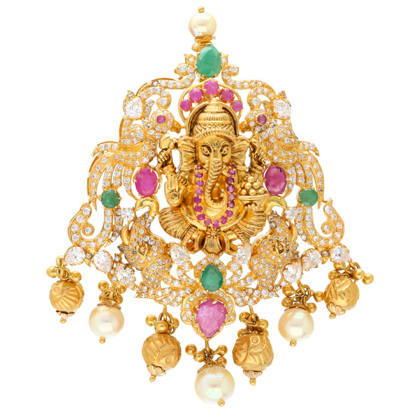 22K Yellow Gold Ganesh Pendant w/ Emeralds, Rubies, CZ, and Pearls (32.8gm) | 




Elevate your style with this exquisite 22k gold Lord Ganesh pendant adorned with radiant gem...