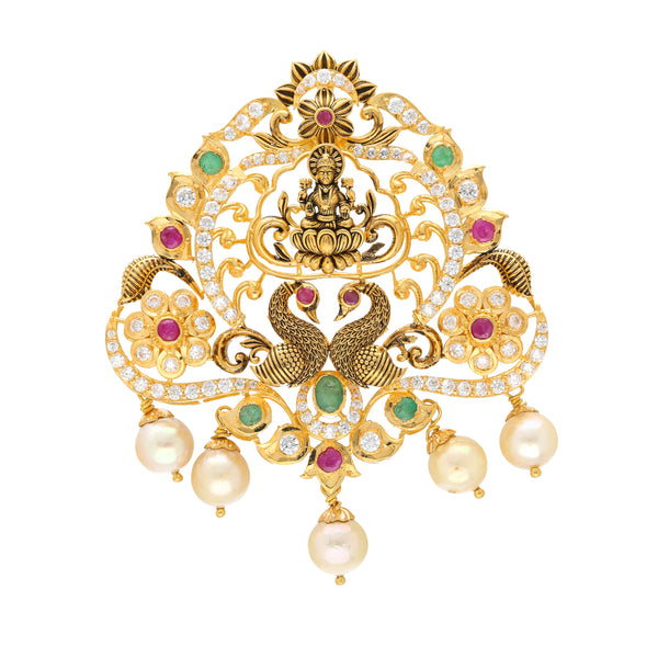22K Yellow Gold Laxmi Pendant w/ Emeralds, Rubies, CZ, and Pearls (21.2gm) | 




Indulge in the magnificence of this 22k gold Goddess Laxmi pendant, meticulously designed to...