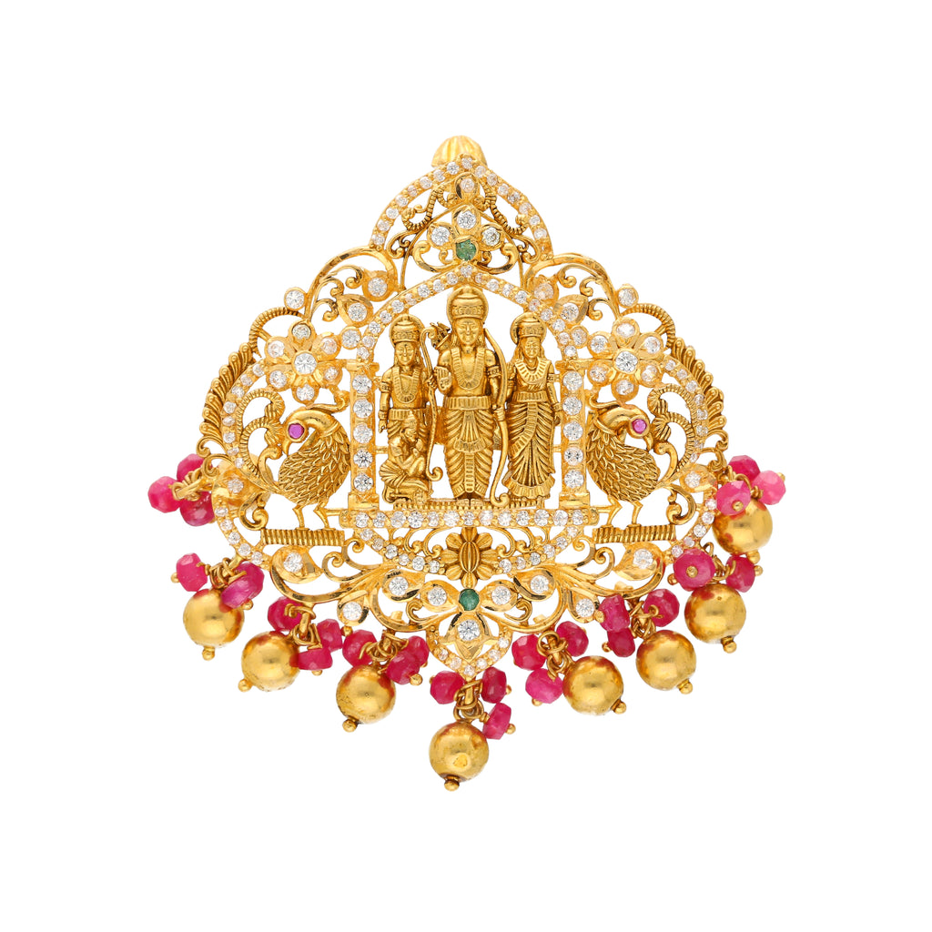 22K Yellow Gold Ramparivar Pendant w/ Emeralds, Rubies and CZ (18.3gm) | 




Unveil the beauty of Indian craftsmanship with this captivating 22k gold Goddess Laxmi penda...