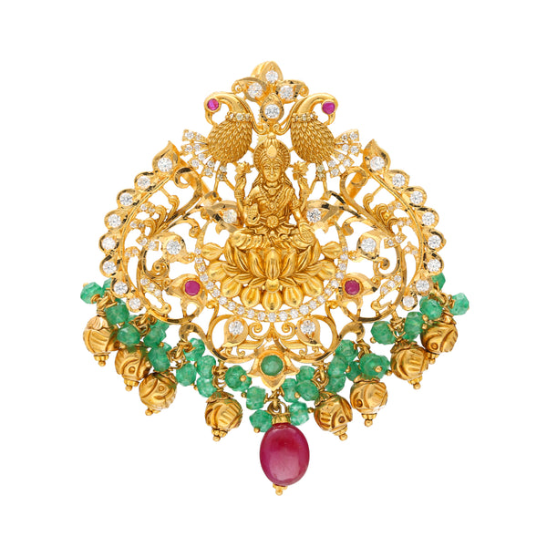 22K Yellow Gold Laxmi Pendant w/ Emeralds, Rubies and CZ (21.6gm) | 




Unveil the beauty of Indian craftsmanship with this captivating 22k gold Goddess Laxmi penda...