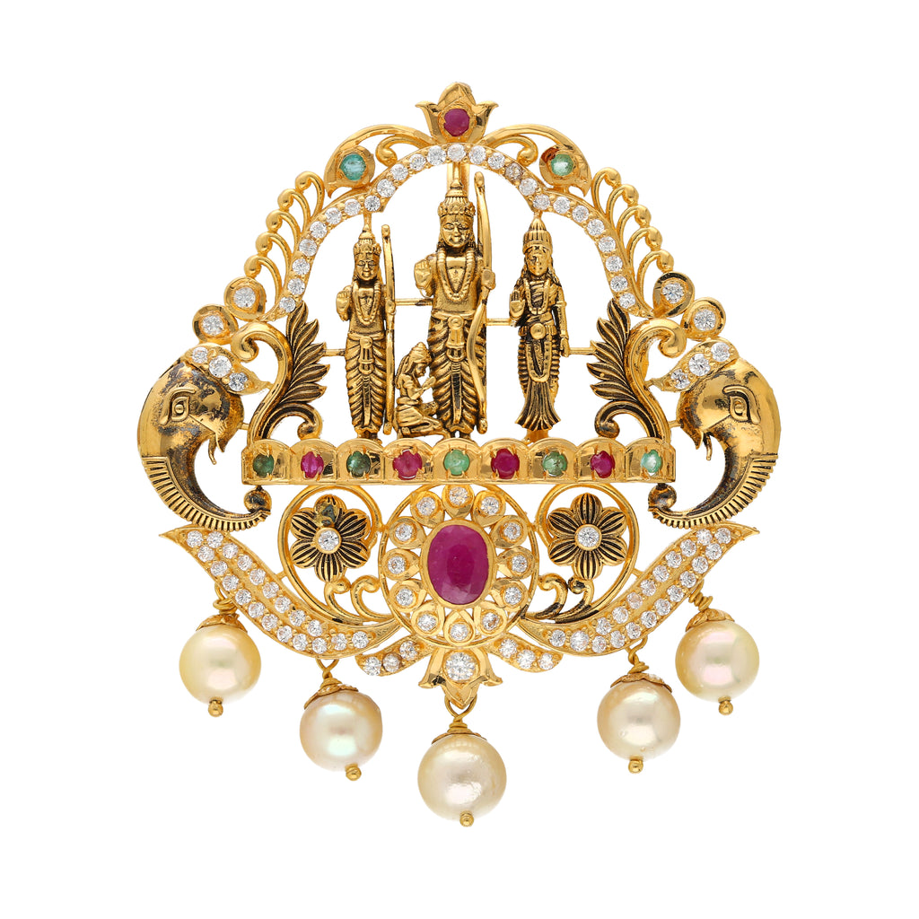 22K Yellow Gold Ramparivar Pendant w/ Emeralds, Rubies, CZ & Pearls (26.2gm) | 




Immerse yourself in the splendor of Indian culture with this opulent 22k gold Ramparivar pen...