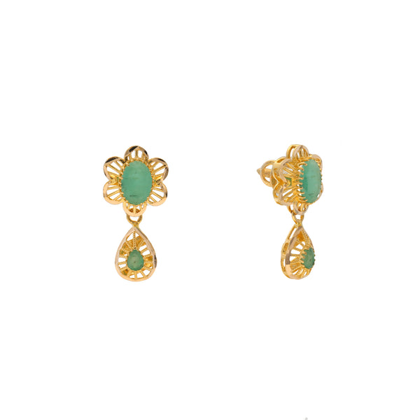 22K Yellow Gold & Emerald Pendant Set (11.6gm) | Embrace the divine elegance of this mesmerizing 22K gold emerald pendant and earring set from Vir...