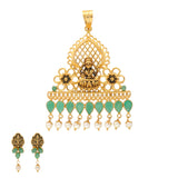 22K Yellow Gold, Emerald, & Pearl Pendant Set (21gm) | 


Immerse yourself in the enchantment of this elaborate Indian gold pendant and earring set.   M...