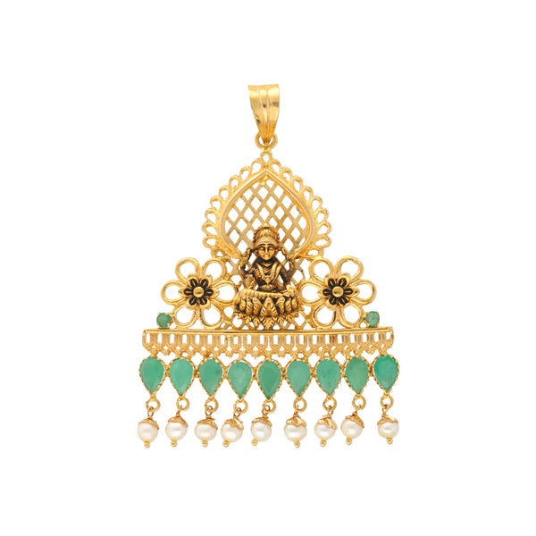 22K Yellow Gold, Emerald, & Pearl Pendant Set (21gm) | 


Immerse yourself in the enchantment of this elaborate Indian gold pendant and earring set.   M...