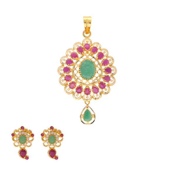 22K Yellow Gold, Emerald & Ruby Pendant Set (16.1gm) | 


Elevate your aura with this splendid Indian gold pendant and earring set.   Handcrafted with 2...