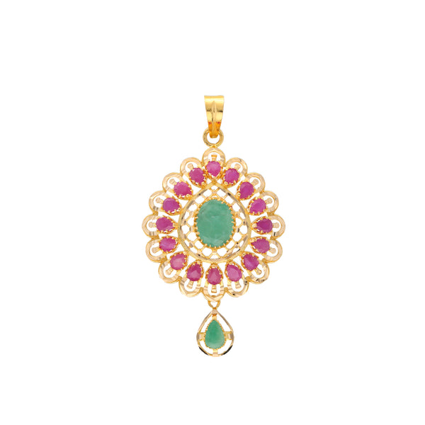 22K Yellow Gold, Emerald & Ruby Pendant Set (16.1gm) | 


Elevate your aura with this splendid Indian gold pendant and earring set.   Handcrafted with 2...