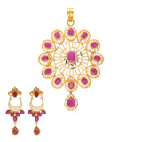 22K Yellow Gold & Ruby Pendant Set (20.5gm) | 



Embrace the divine allure of this 22K gold ruby pendant and drop-earrings set, a tribute to t...