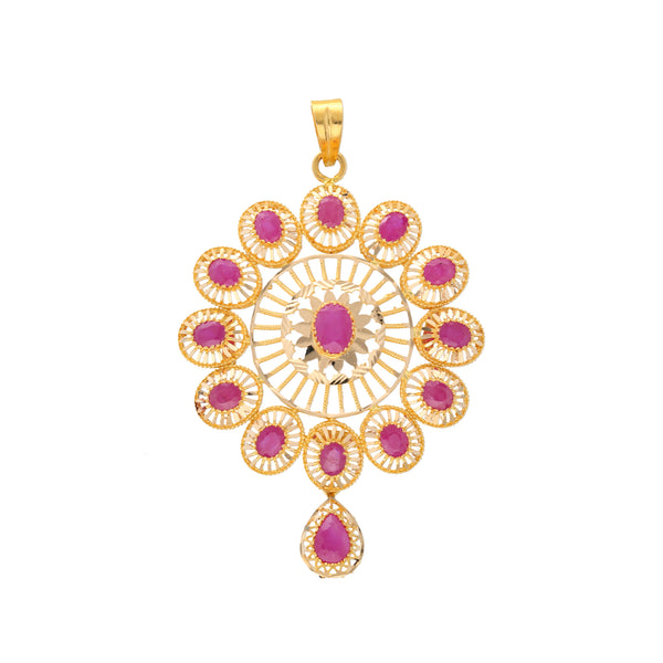 22K Yellow Gold & Ruby Pendant Set (20.5gm) | 



Embrace the divine allure of this 22K gold ruby pendant and drop-earrings set, a tribute to t...