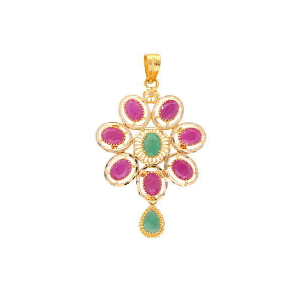 22K Yellow Gold, Ruby & Emerald Pendant Set (14.3gm) | 


Revel in the elegance of this captivating 22k Indian gold pendant and earring set by Virani Je...