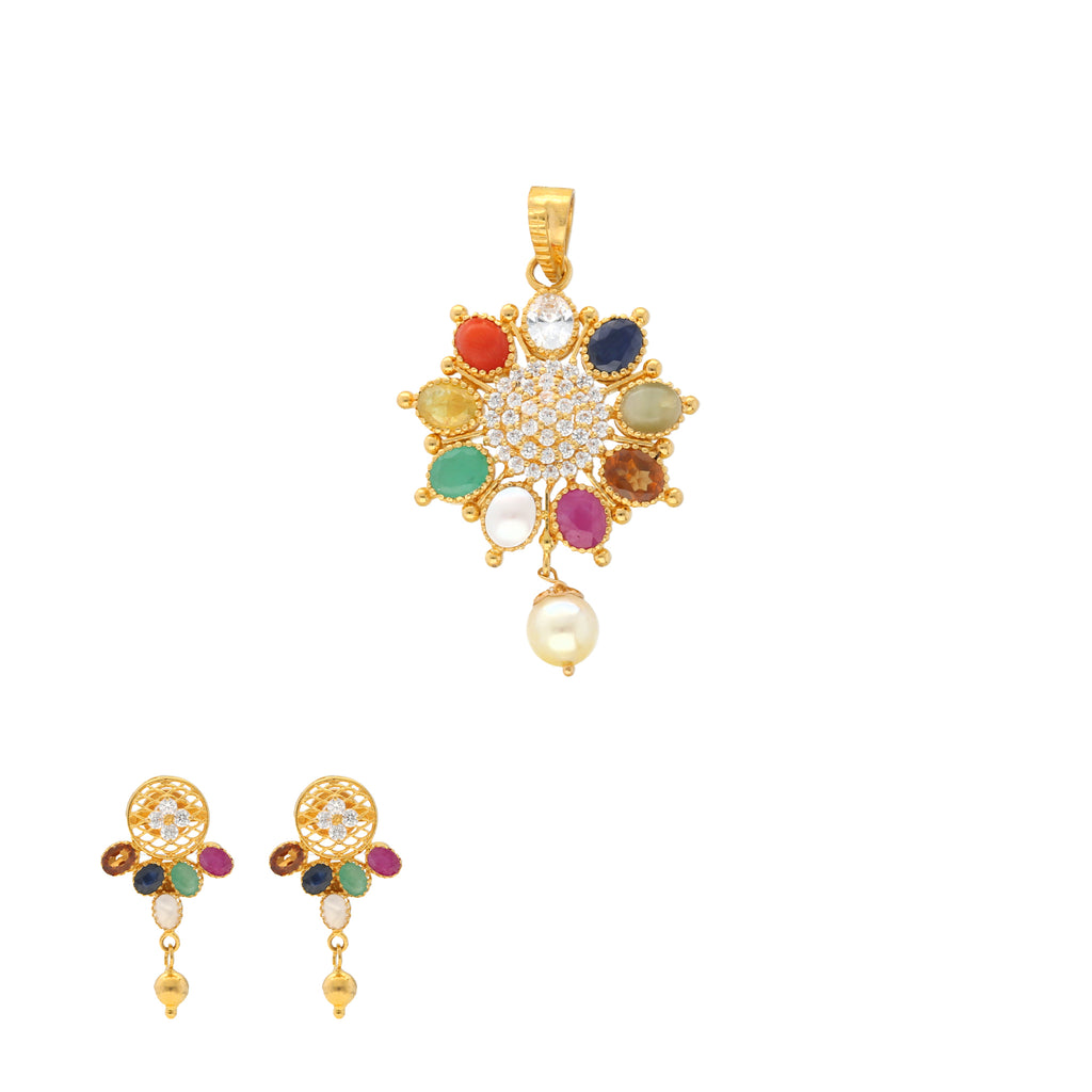 22K Yellow Gold, Kundan & Gemstone Pendant Set (12.6gm) | 


Immerse yourself in the divine beauty of this enchanting 22k gold pendant and earring set.   A...