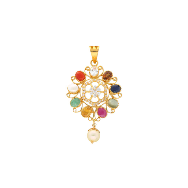 22K Yellow Gold, Kundan, Pearl & Gemstone Pendant Set (13gm) | 


Elevate your style with this mesmerizing Indian gold pendant and earring set from Virani Jewel...