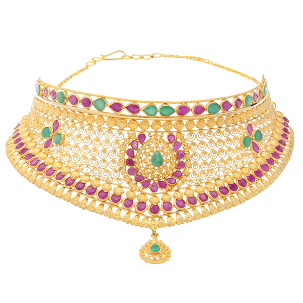 22K Yellow Gold, Ruby & Emerald Choker (45.5gm) | 


Embrace the timeless allure of this elaborate 22k gold choker necklace by Virani Jewelers.  Th...