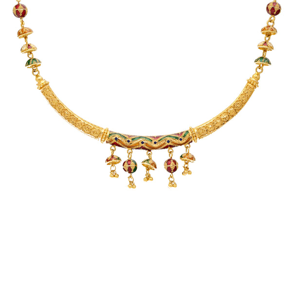 22K Yellow Gold & Enamel Choker Necklace Set (38.6gm) | 


Elevate your style with this 22k gold Meenakari necklace set—a Virani Jewelers creation that e...