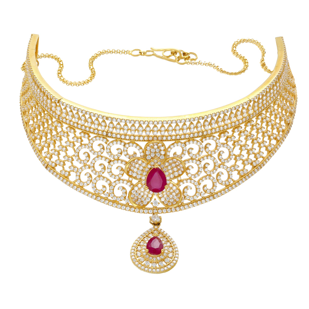 22K Yellow Gold, CZ & Ruby Choker Necklace (62.7gm) | 


Wrap yourself in radiant luxury with this 22k gold choker necklace.   As a Virani Jewelers cre...
