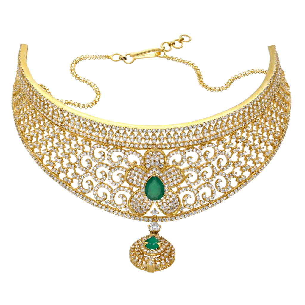 22K Yellow Gold, CZ & Emerald Choker Necklace (55gm) | 


Evoke classic charm with this 22k gold choker necklace—a Virani Jewelers masterpiece that capt...