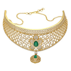 22K Yellow Gold, CZ & Emerald Choker Necklace (55gm)