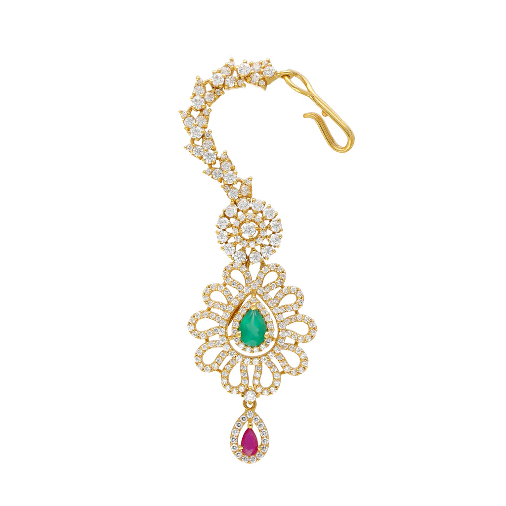 22K Yellow Gold, CZ, Emerald & Ruby Peacock Tikka (11.7gm) | 


Embrace the enchanting aura of this 22k gold tikka headpiece—a shimmering treasure by Virani J...