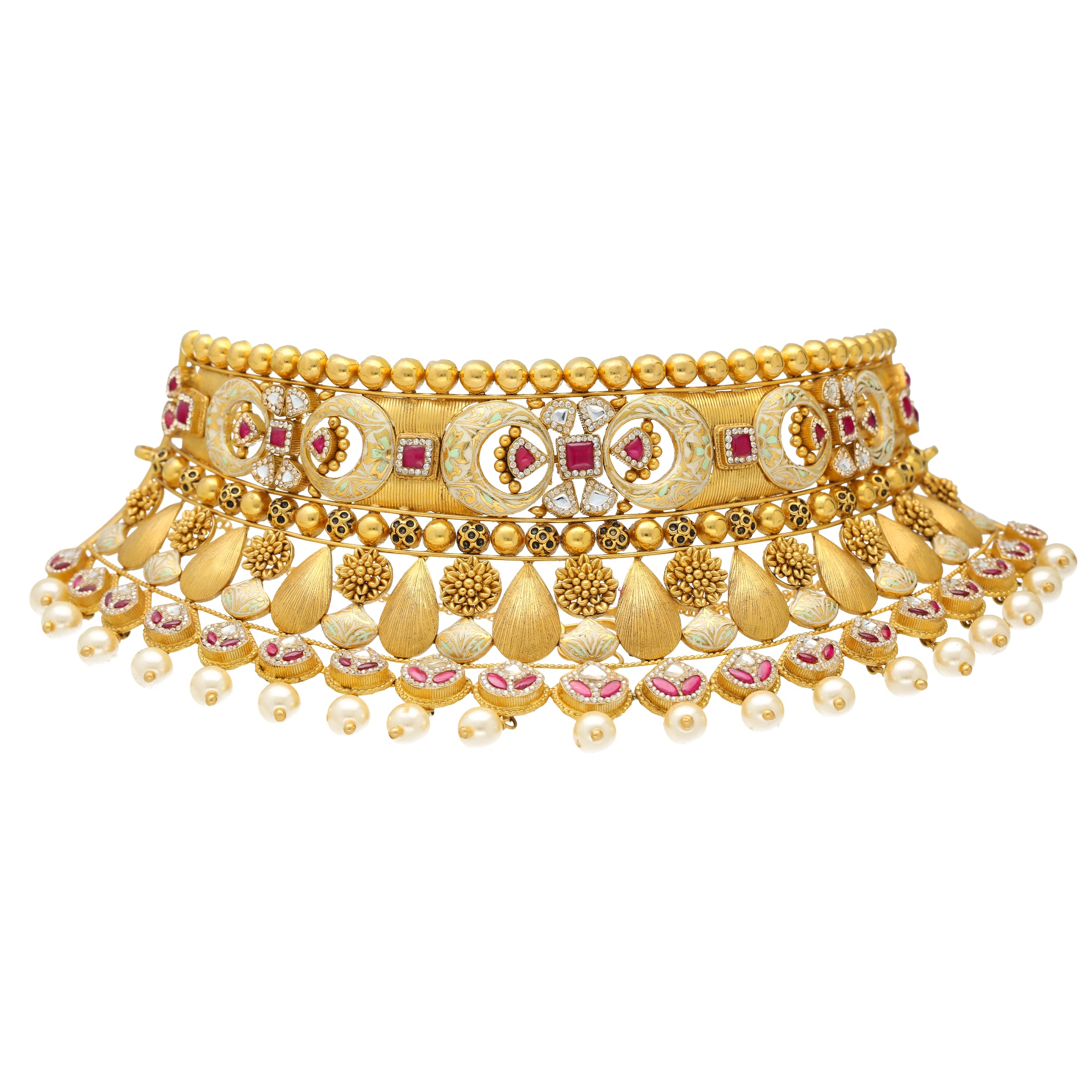 Virani Jewelers 22K Yellow Gold Antique Choker Necklace Set w Kundan Ruby Pearls Uncut Diamonds 98.9gm