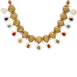 22K Yellow Gold, Kundan & Gems Temple Necklace (37.2gm)
