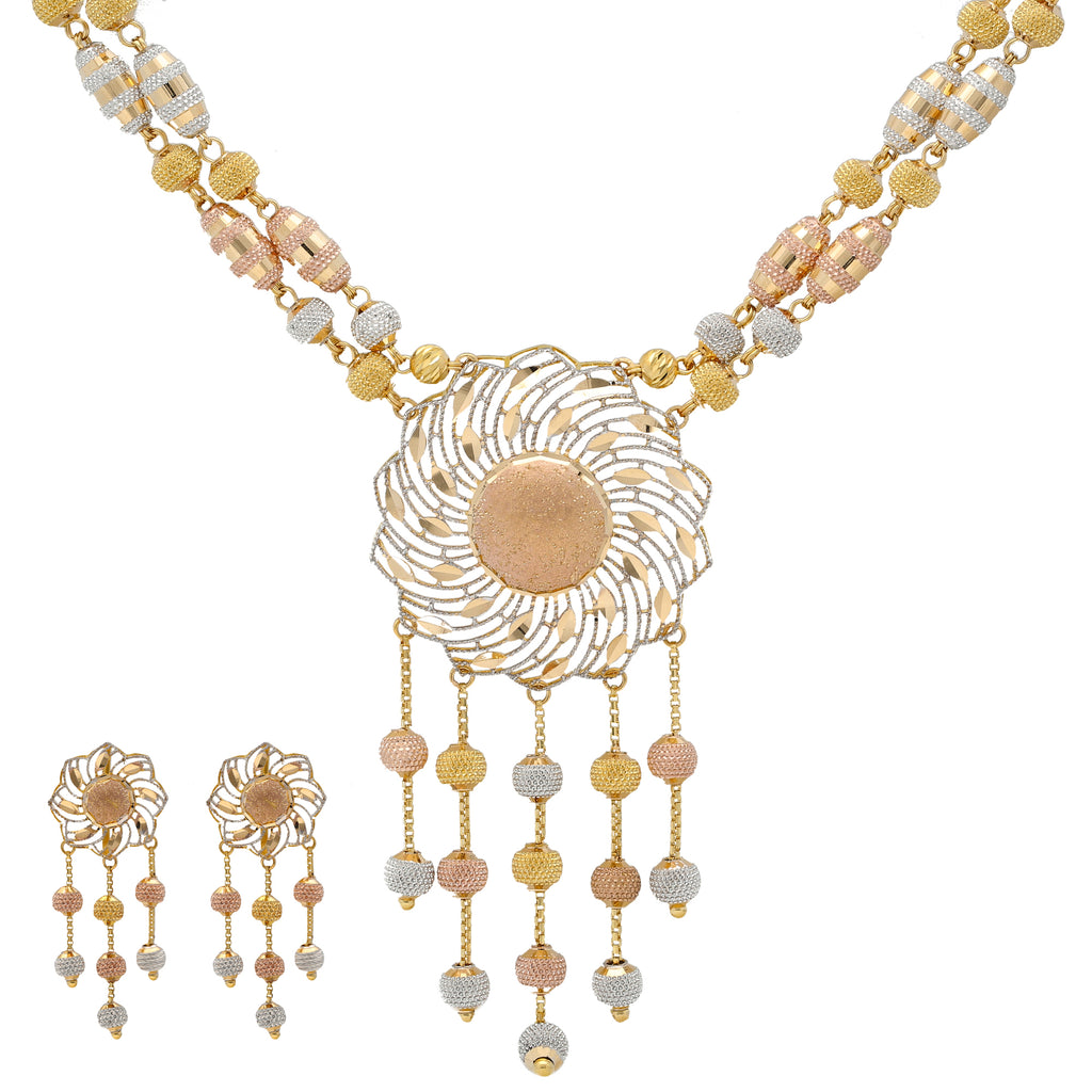 22K Multi-Tone Gold Jewelry Set (75.7gm) | 


Virani Jewelers presents a masterpiece of timeless opulence – a 22K multi tone gold necklace a...