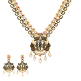 22K Antique Gold, Ruby, Pearl & CZ Temple Jewelry Set (69.4gm) | 


Indulge in opulent allure with this 22k antique gold necklace and earring set by Virani Jewele...