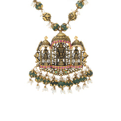 22K Antique Gold, Emerald, Ruby, & Pearl Temple Jewelry Set (106.3gm)