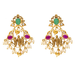 22K Yellow Gold, Emerald, Ruby, Pearls and CZ Chandbali Temple Earrings (15.8 grams)