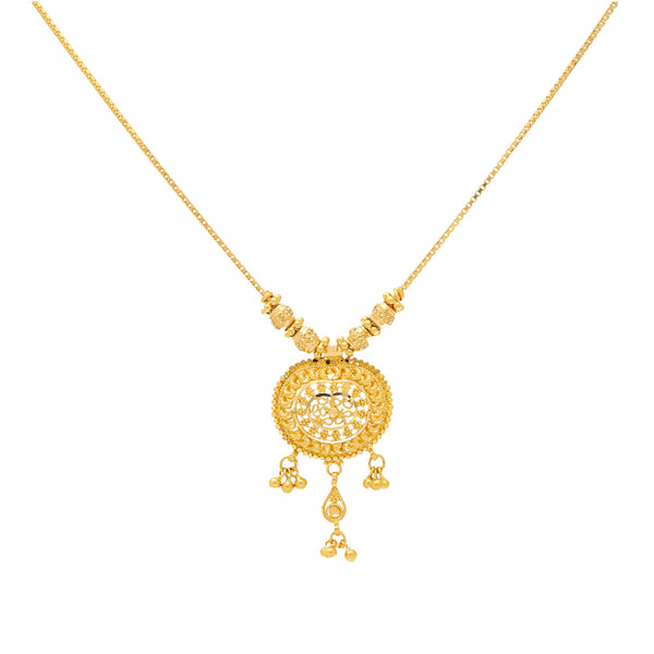 22K Yellow Gold Necklace Set (16.6gm) | 
Elevate your elegance with this 22K Gold Necklace and Earring Set from Virani Jewelers. This set...