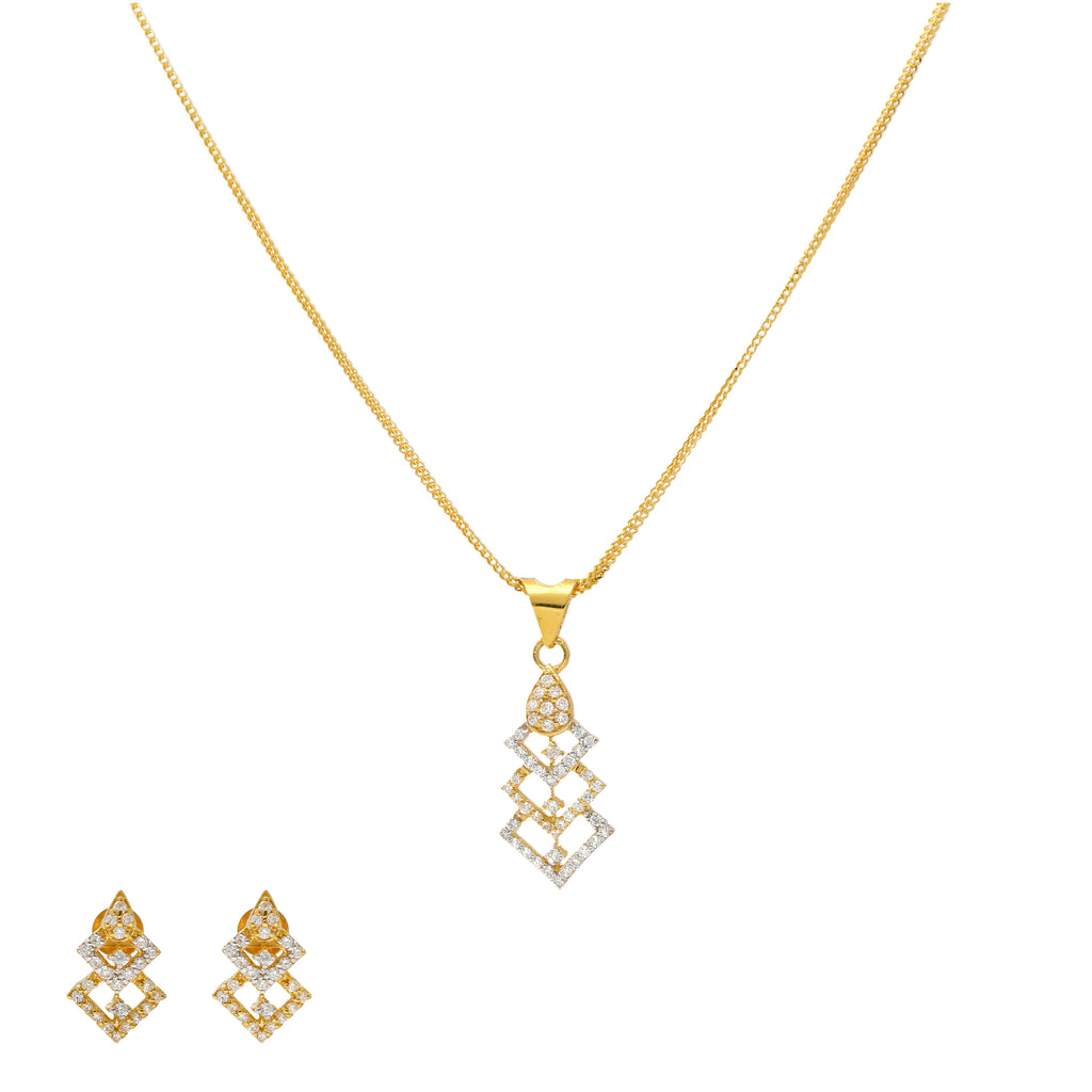 22K Yellow Gold & CZ Art Deco Pendant Set (7.6gm) | 



Virani Jewelers presents a timeless Art Deco-inspired 22K gold pendant necklace and earring s...