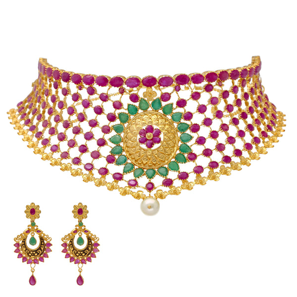 22K Yellow Gold & Gemstone Choker Set (76.5gm) | 


Step into radiant harmony with this 22k gold necklace and earring set by Virani Jewelers, a sy...