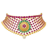 22K Yellow Gold & Gemstone Choker Set (76.5gm) | 


Step into radiant harmony with this 22k gold necklace and earring set by Virani Jewelers, a sy...