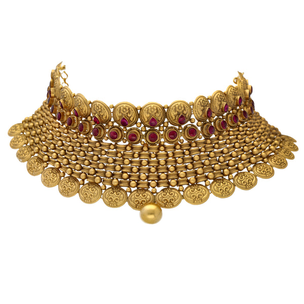 22K Gold & Ruby Antique Choker Set (98.9gm) | 


Indulge the regal beauty of rubies and antique gold with this 22k gold necklace and earring se...